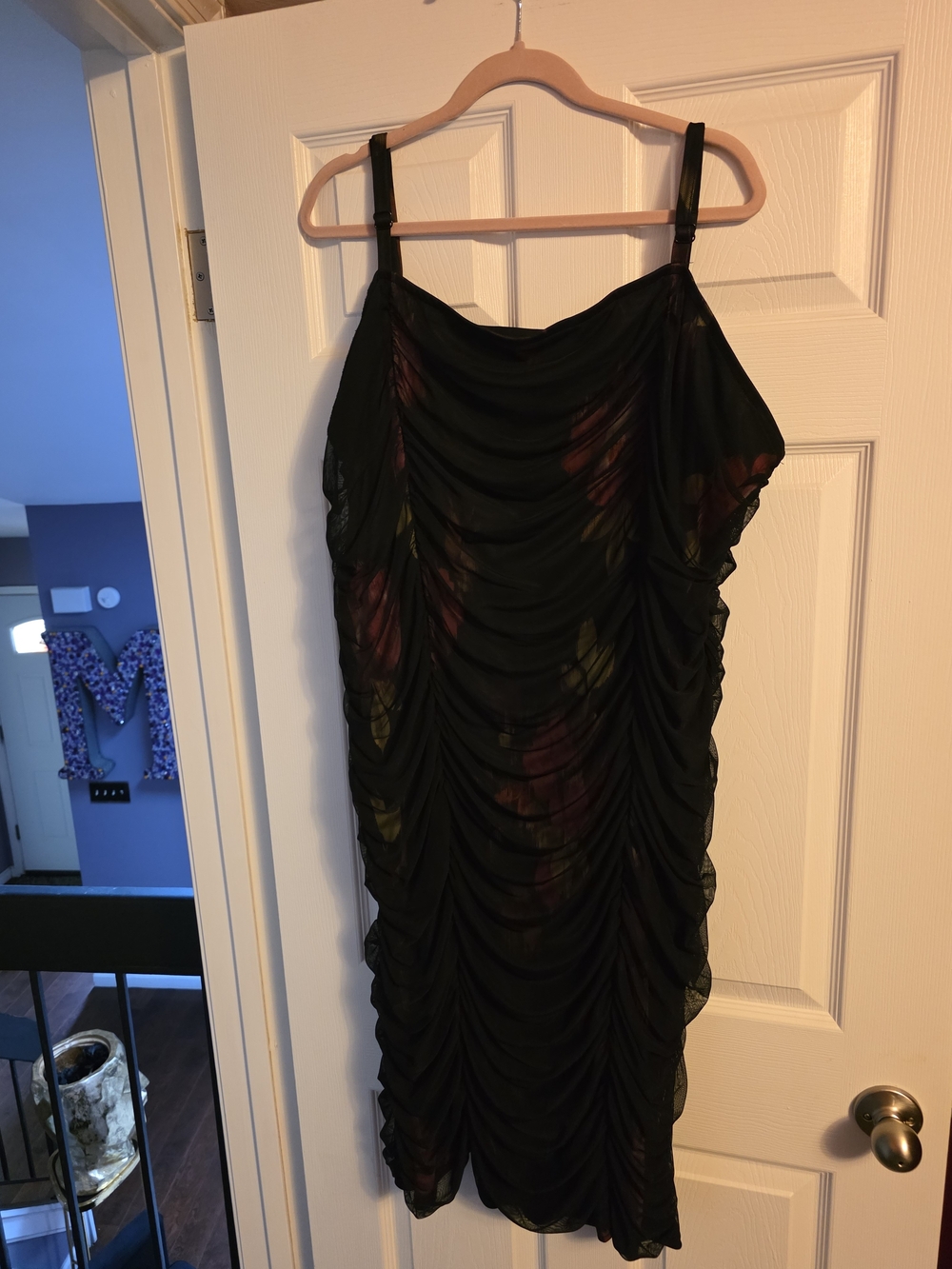 torrid Black Ruched Midi Dress with Subtle Floral Print